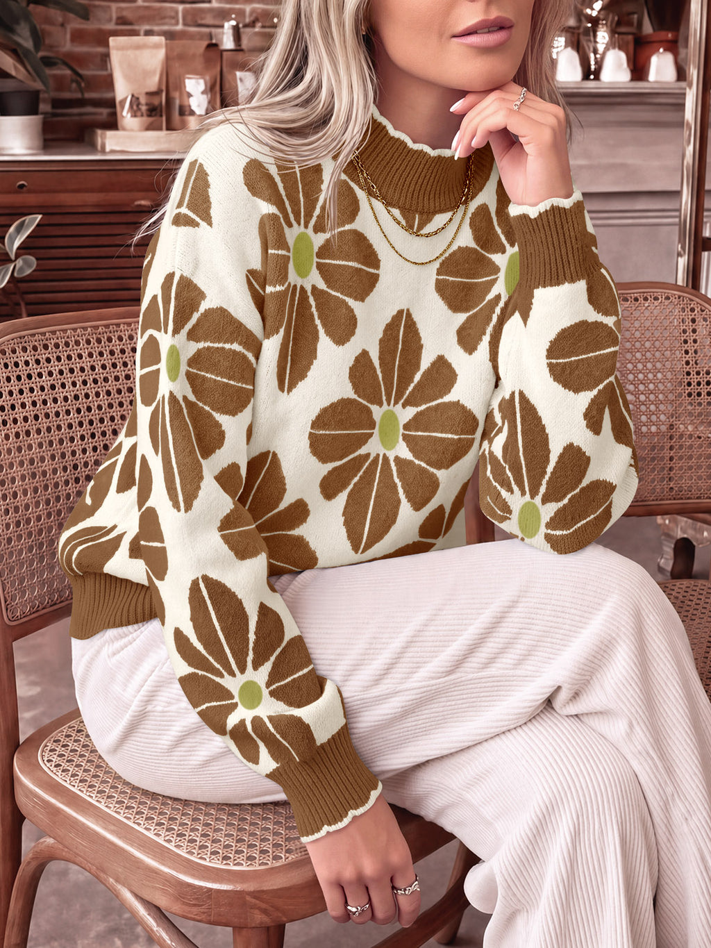 Saodimallsu Womens Mock Neck Floral Knit Sweater