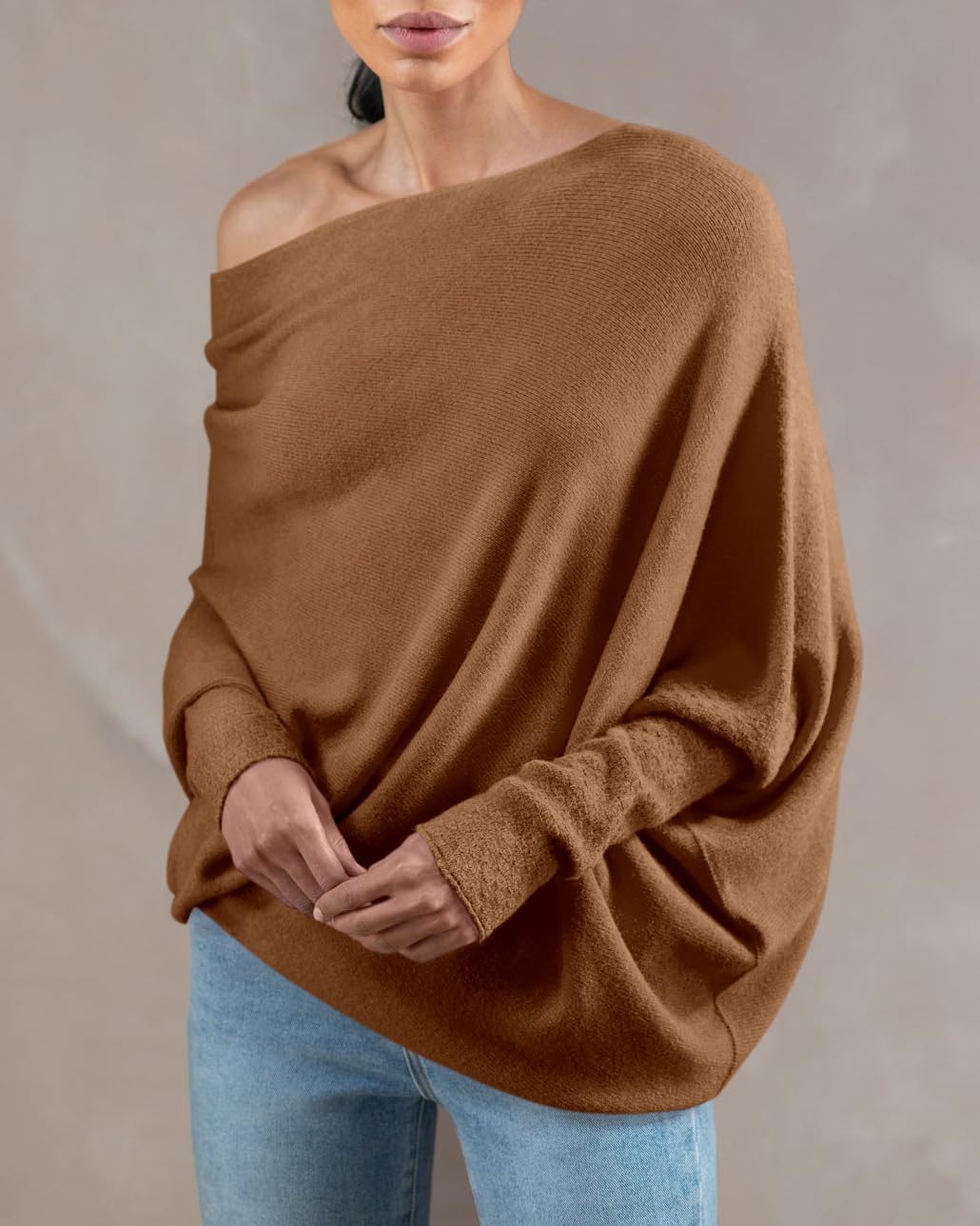 Saodimallsu Womens Boat Neck Oversized Knit Sweater