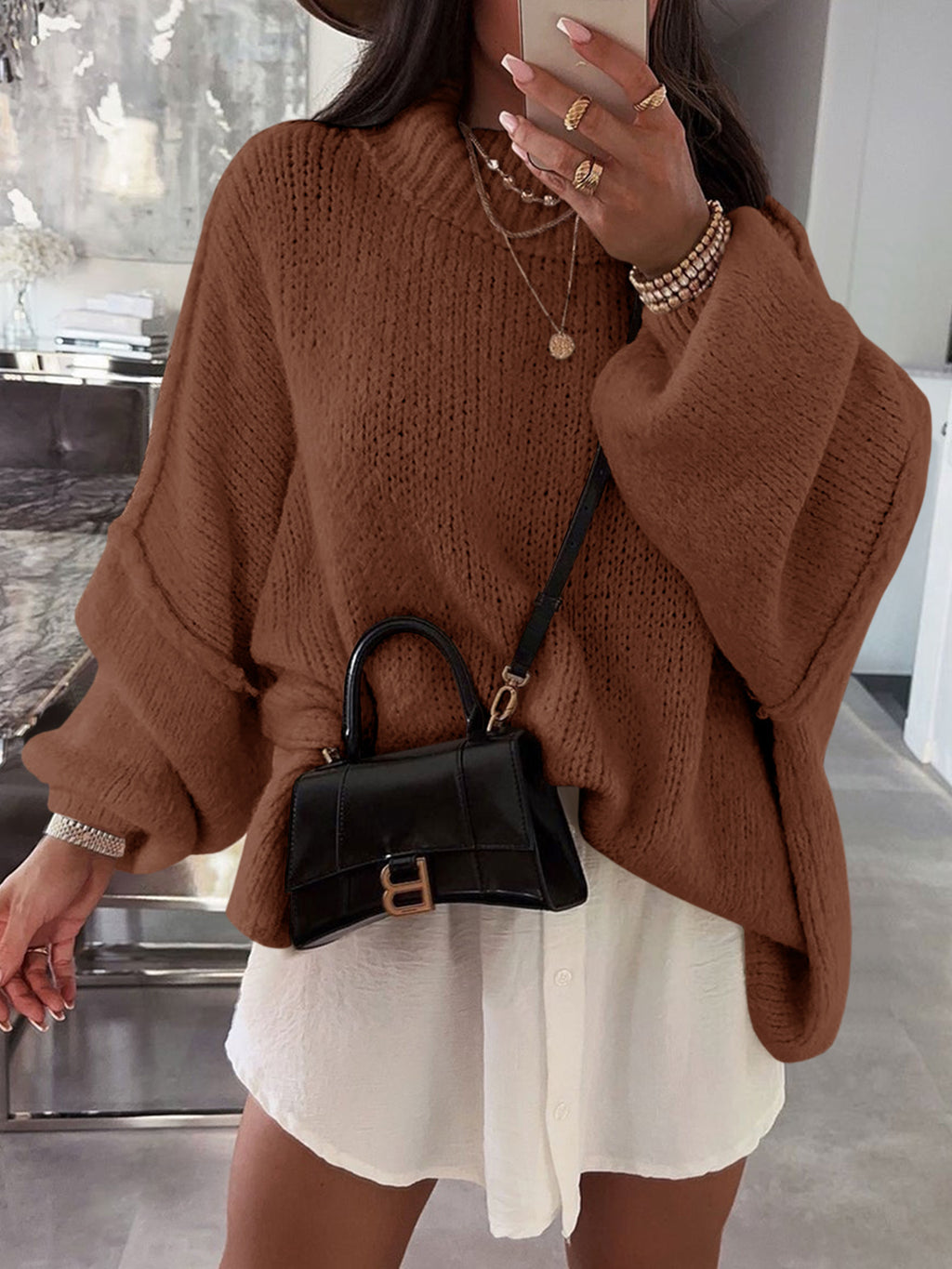Saodimallsu Brown Womens Mock Neck Sweater