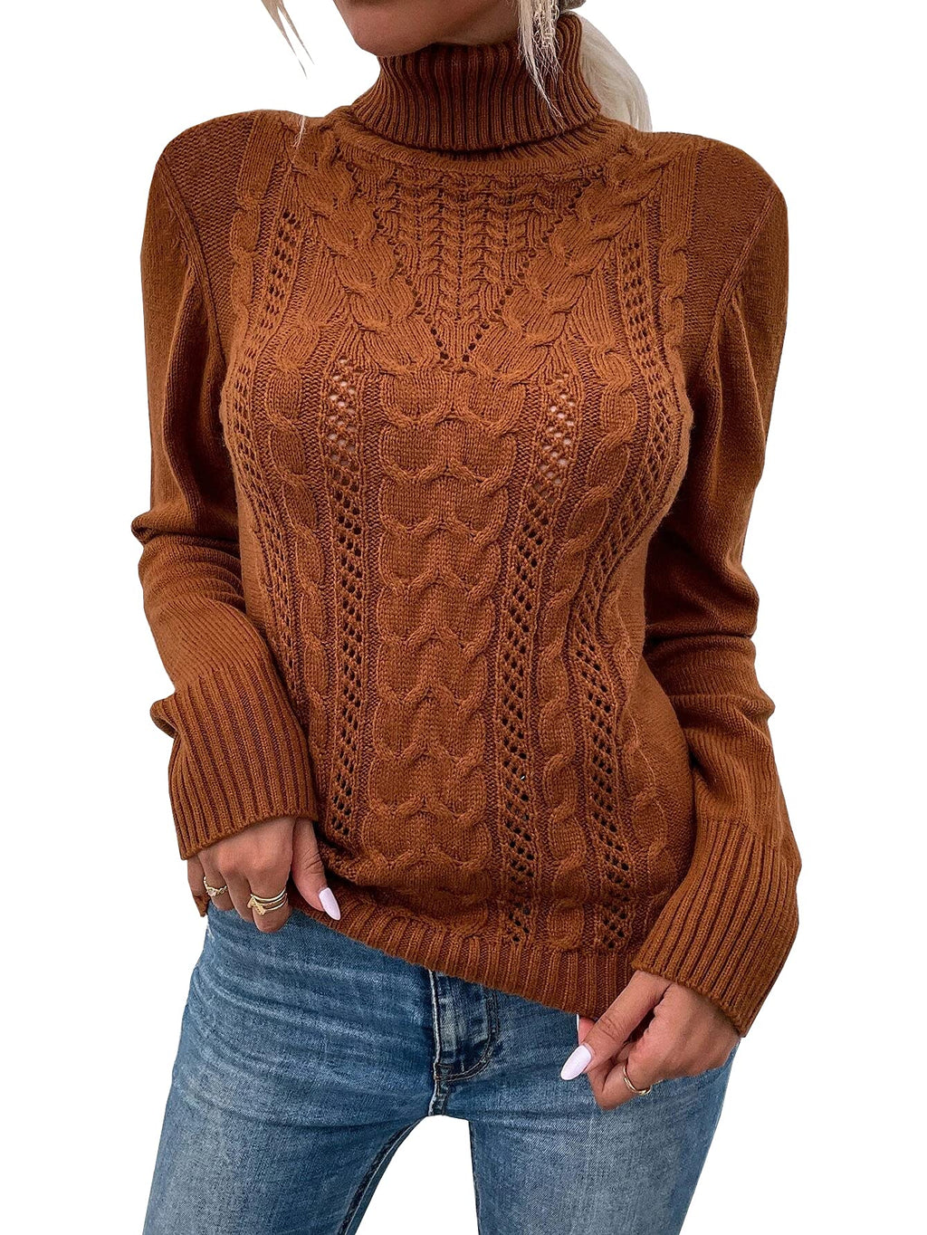 Saodimallsu Women Turtleneck Cable Knit Sweater