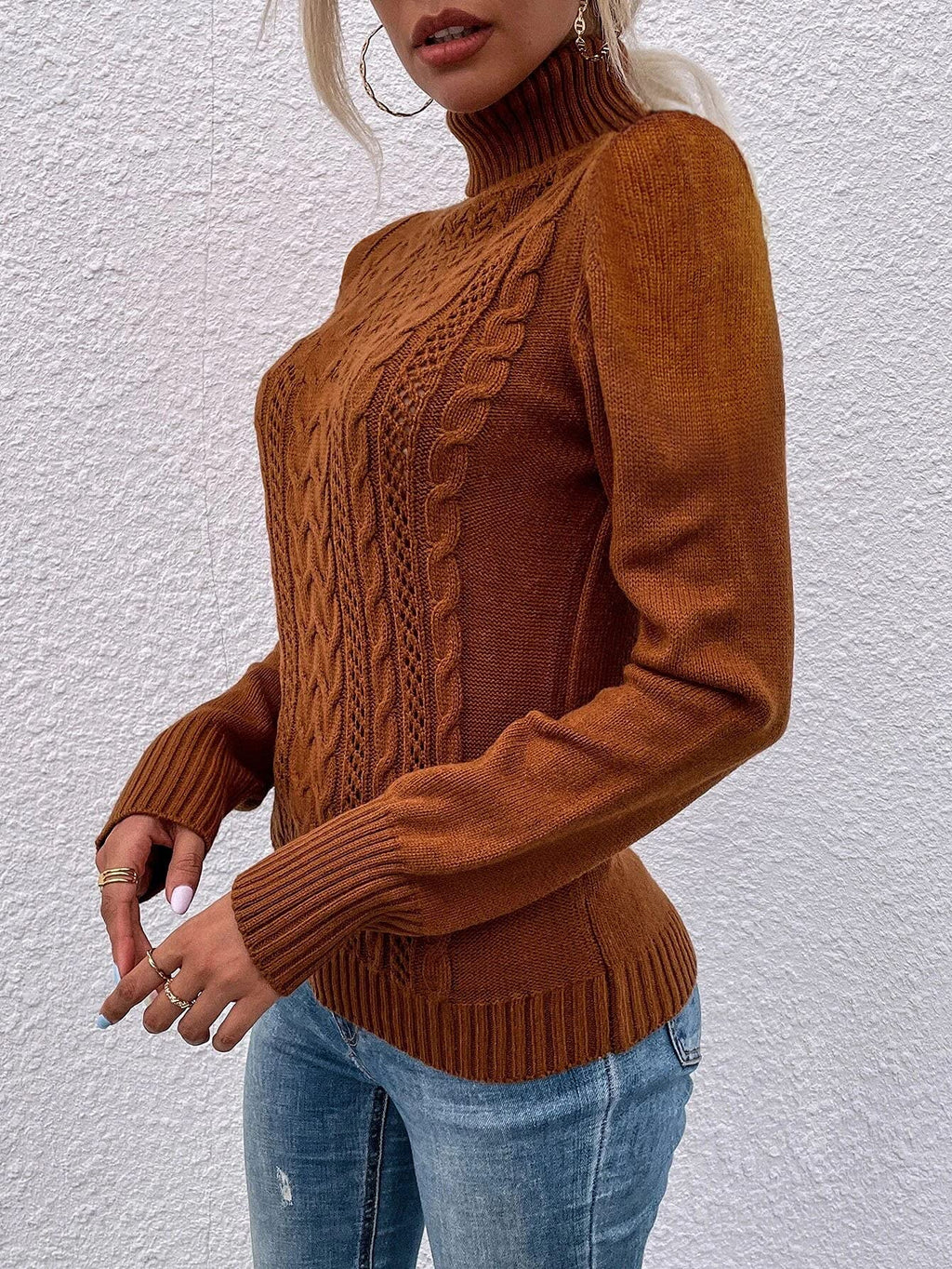 Saodimallsu Women Turtleneck Cable Knit Sweater