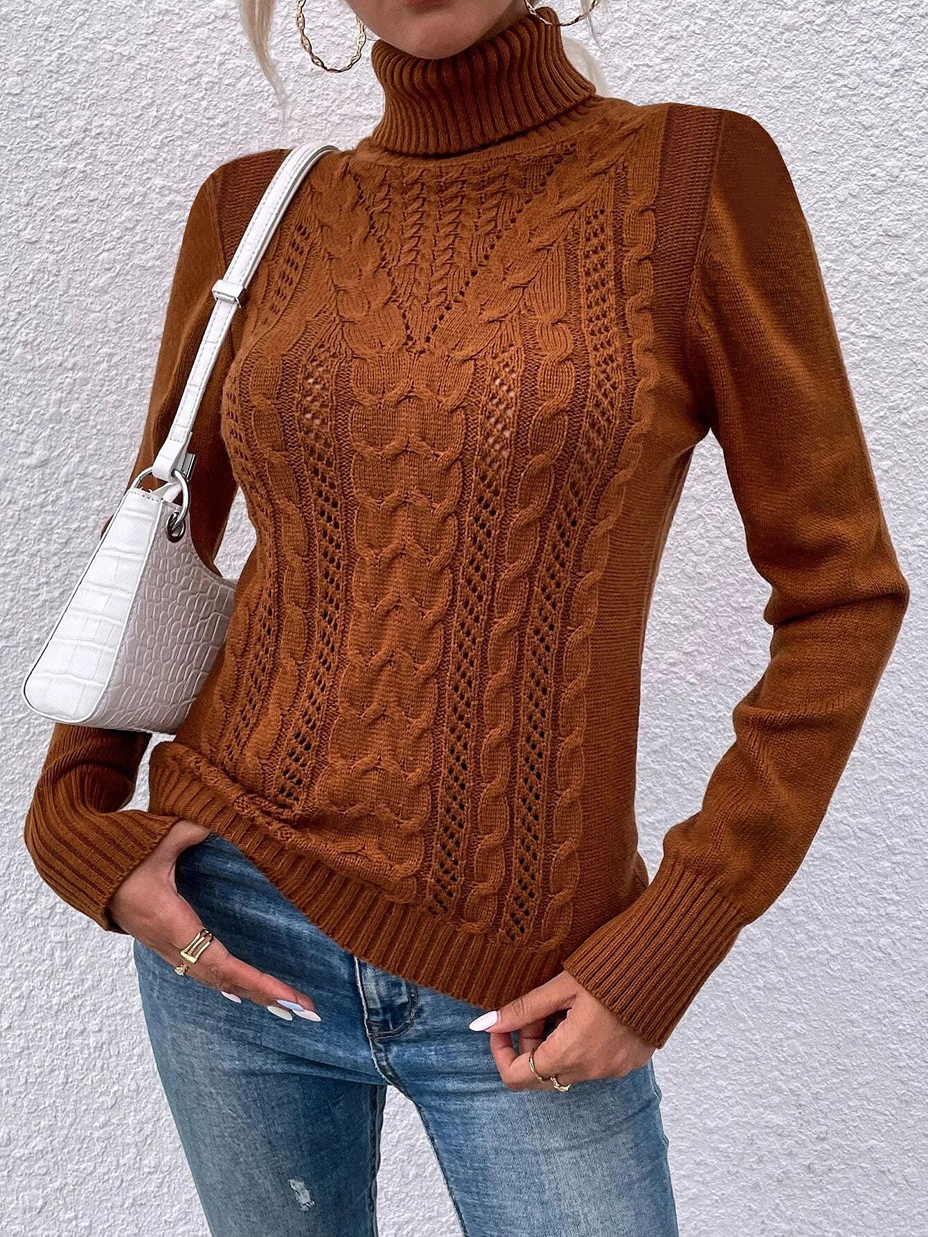 Saodimallsu Women Turtleneck Cable Knit Sweater
