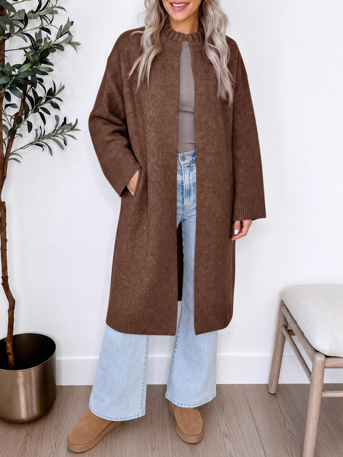 Saodimallsu Womens Ruffle Mock Neck Long Cardigan