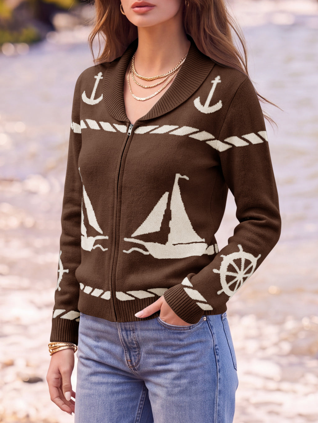 Saodimallsu Womens Zip Up Collared Sweater