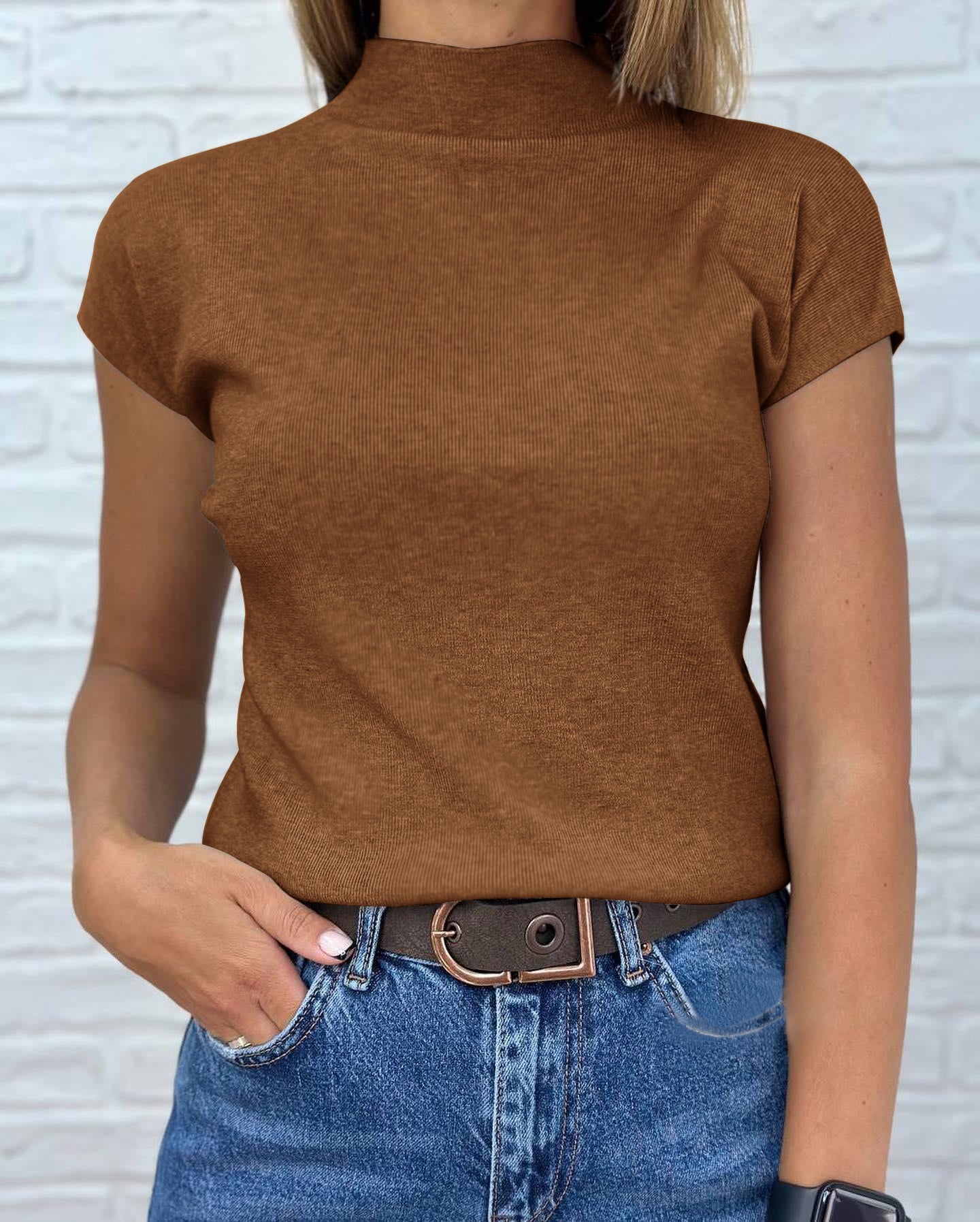 Saodimallsu Womens Mock Neck Short Sleeve Sweater
