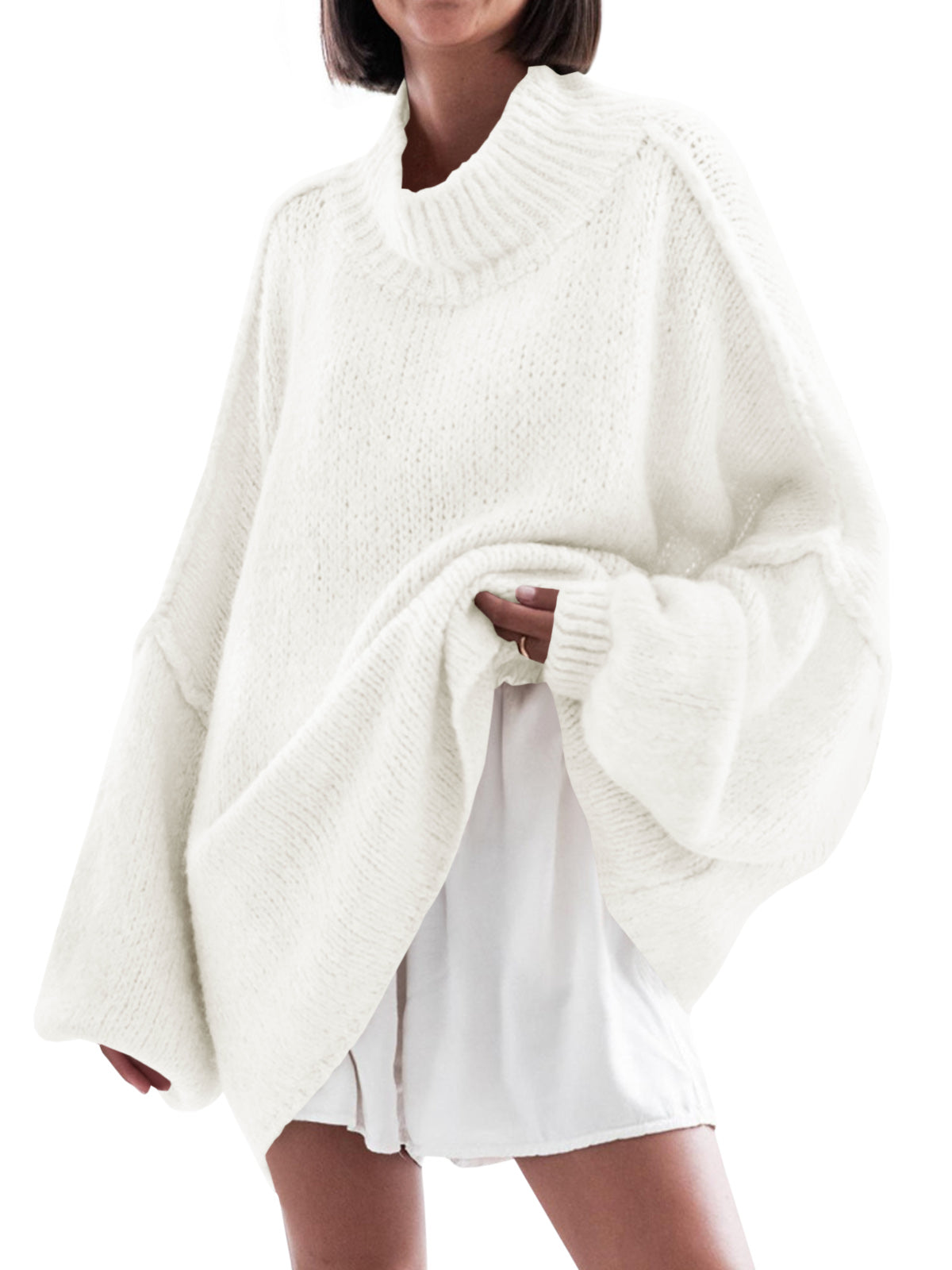 Saodimallsu White Womens Mock Neck Sweater