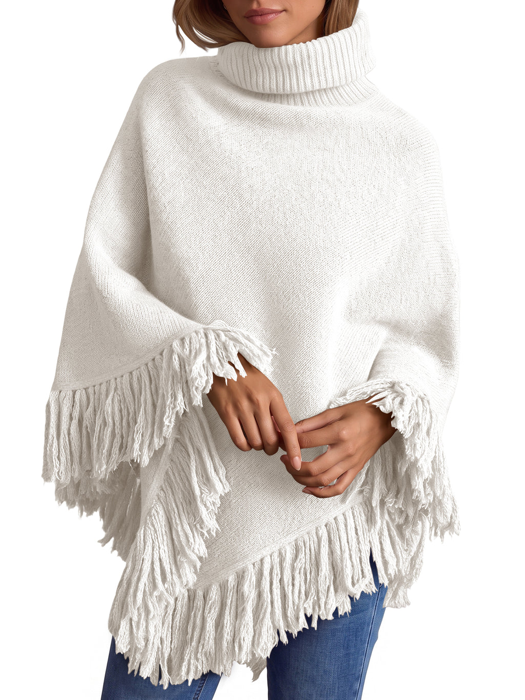 Saodimallsu Womens Fringe Turtleneck Poncho Sweater