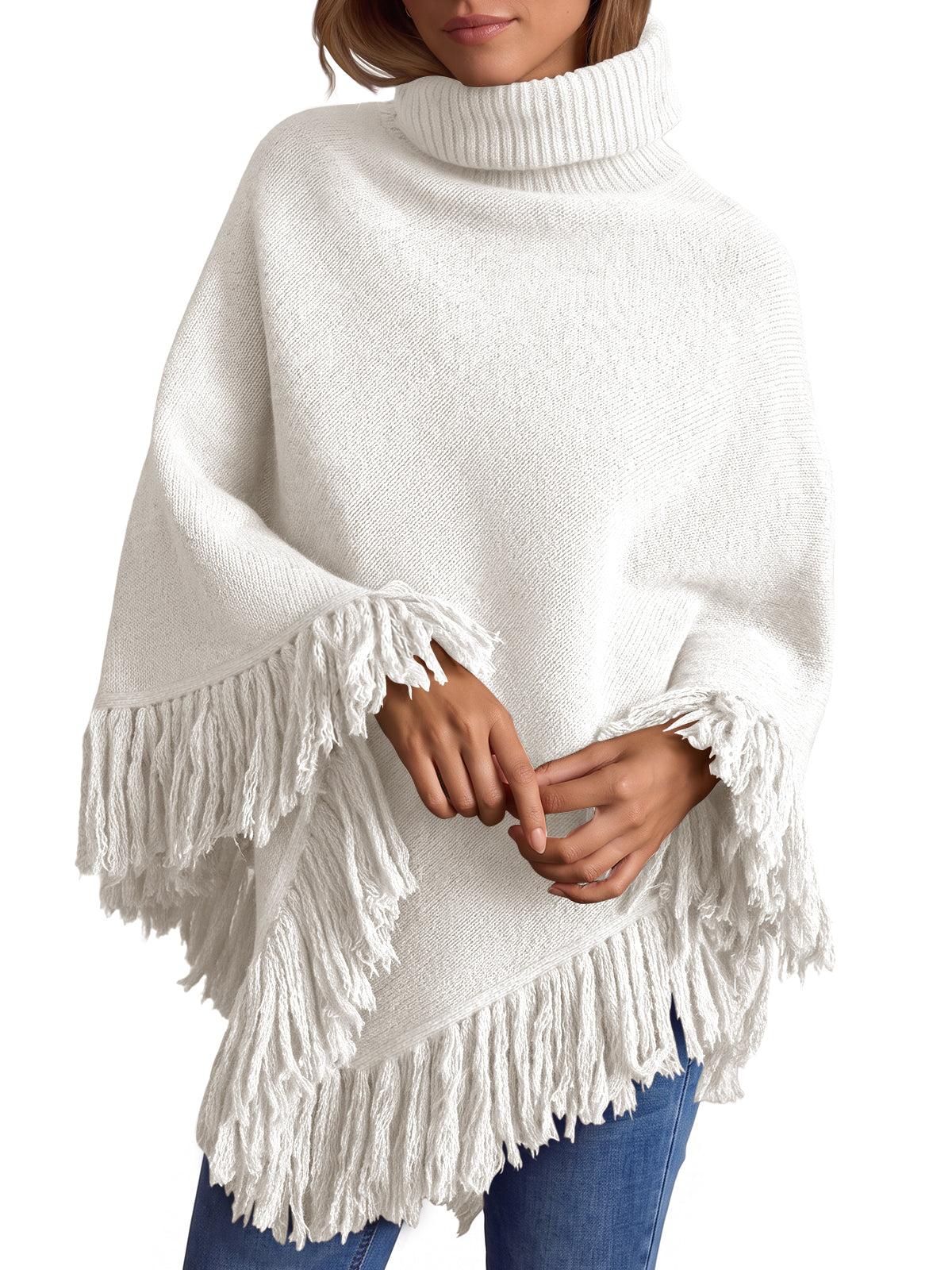 Saodimallsu Womens Fringe Turtleneck Poncho Sweater