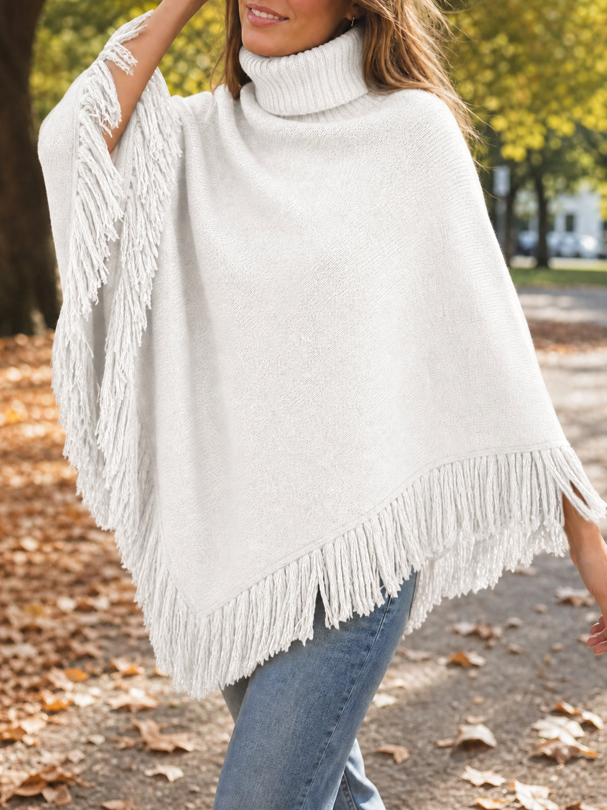 Saodimallsu Womens Fringe Turtleneck Poncho Sweater