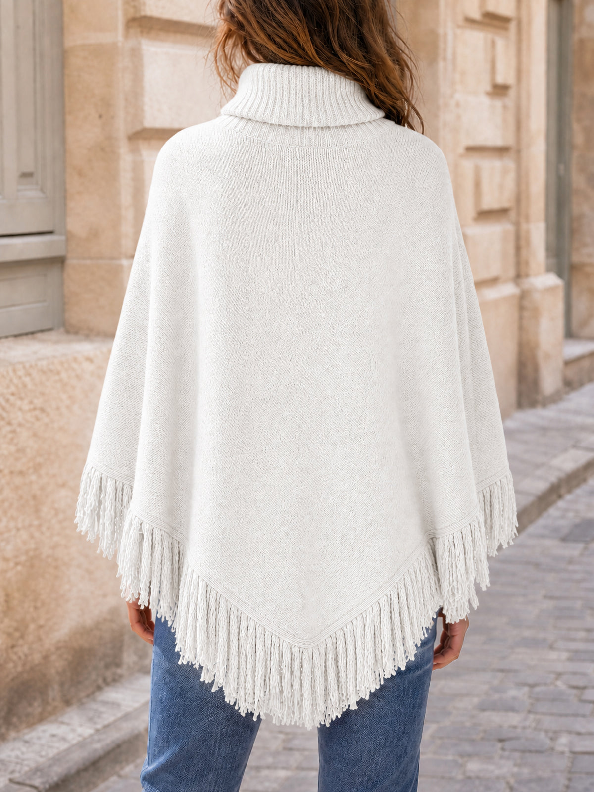 Saodimallsu Womens Fringe Turtleneck Poncho Sweater