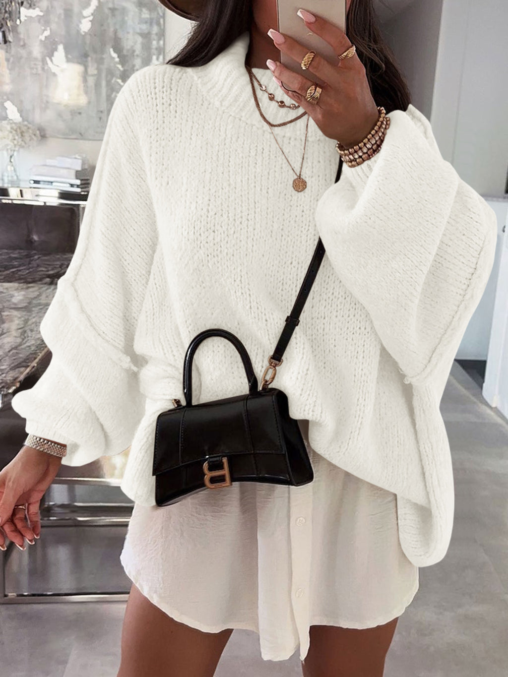 Saodimallsu Womens Mock Neck Batwing Sweater