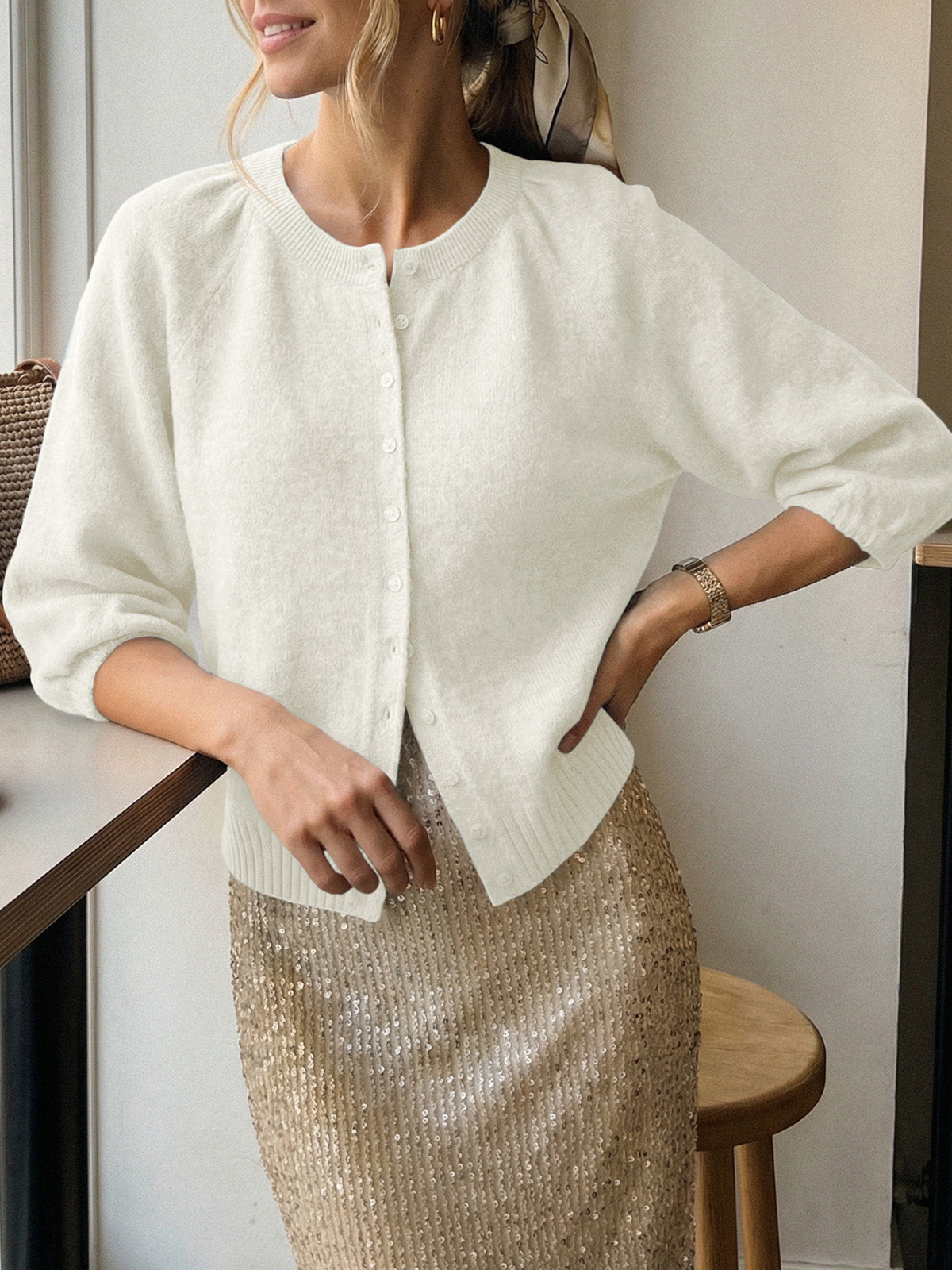 Saodimallsu Womens Puff Sleeve Knit Cardigan