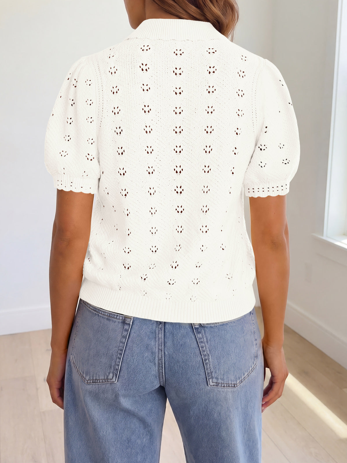 Saodimallsu Women Crochet Puff Sleeve Cardigan