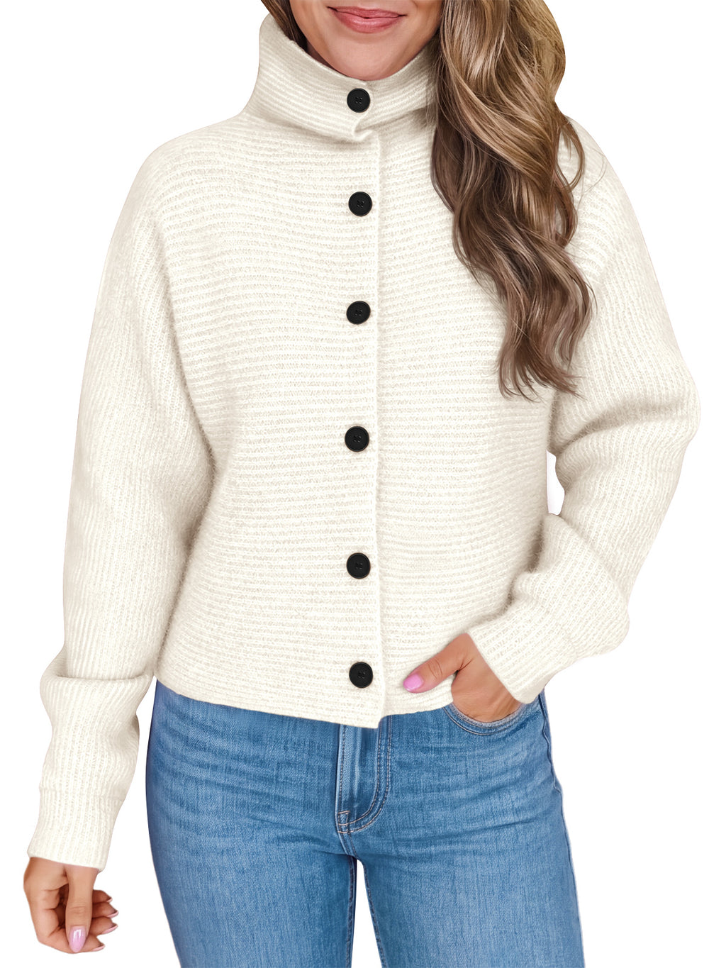 Saodimallsu Womens Mock Neck Button Cardigan