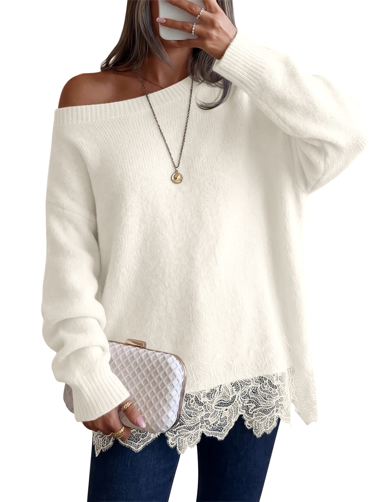 Saodimallsu Women Lace Patchwork Sweater