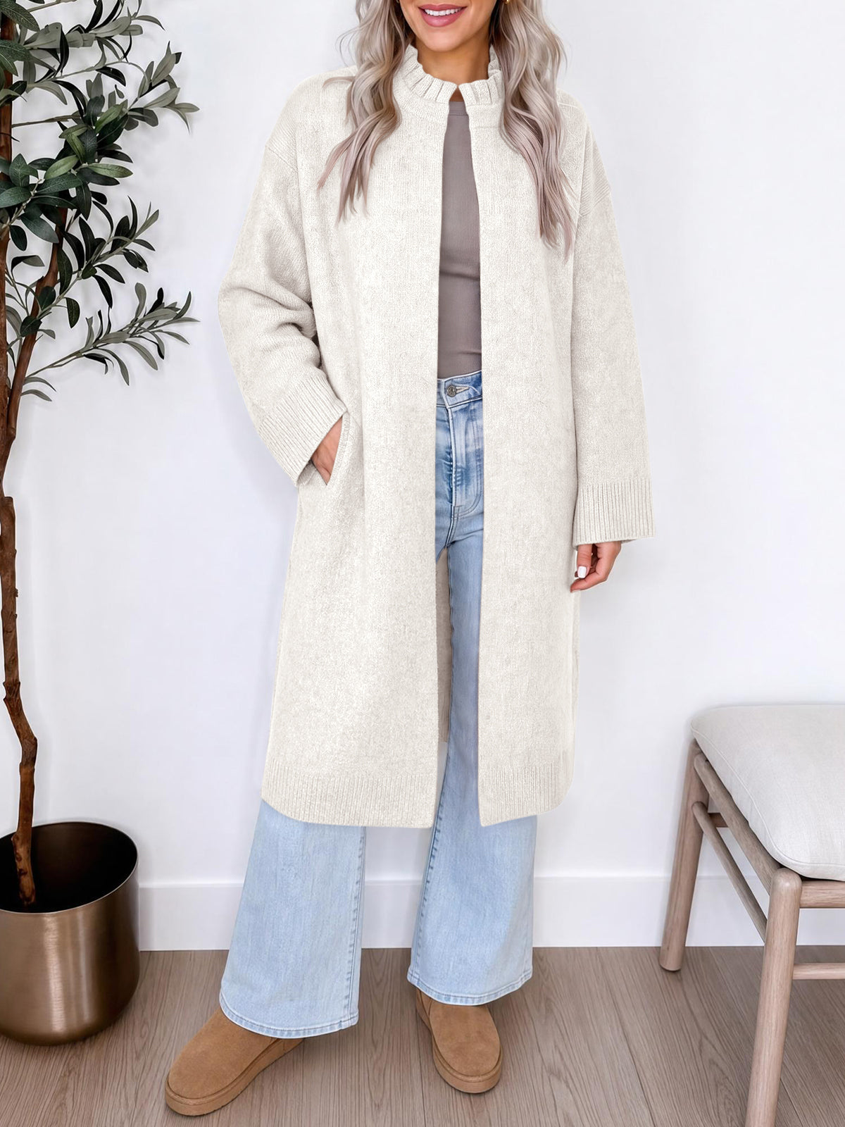 Saodimallsu Womens Ruffle Mock Neck Long Cardigan