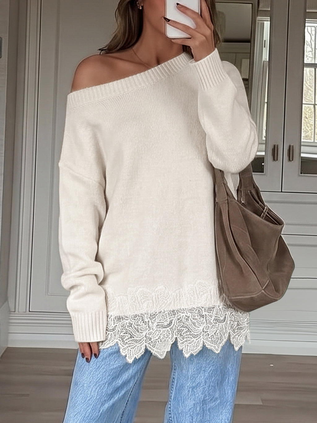 Saodimallsu Women Lace Patchwork Sweater