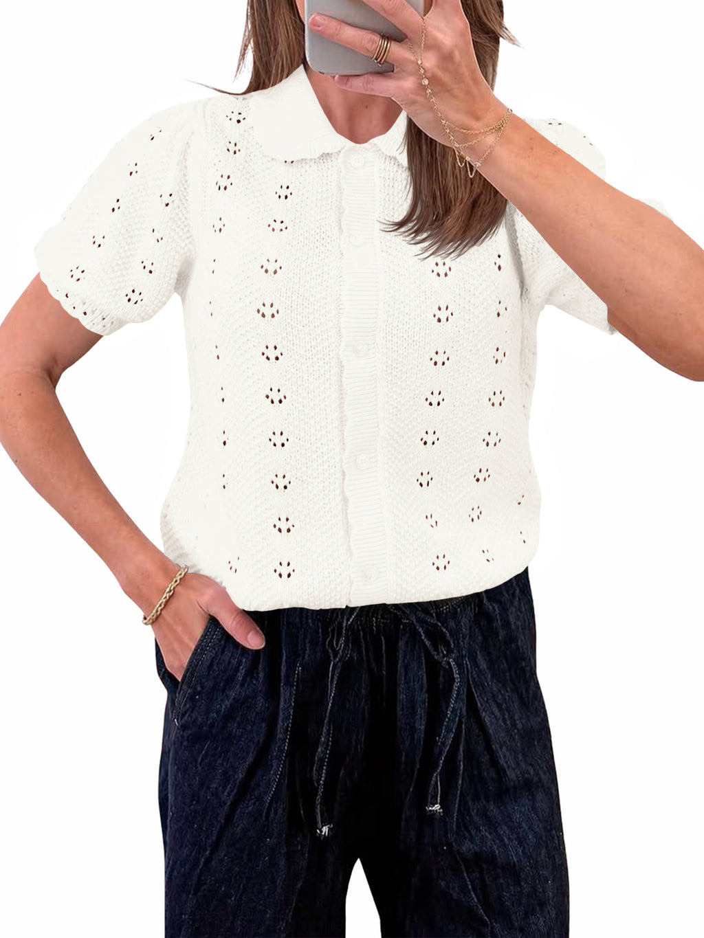 Saodimallsu Women Crochet Puff Sleeve Cardigan