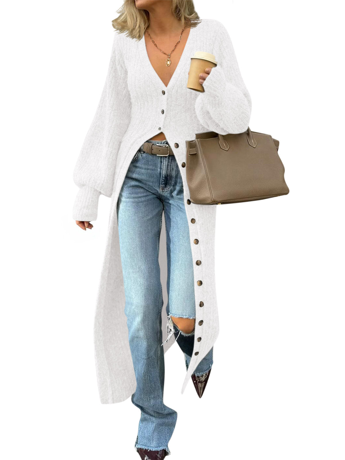 Saodimallsu White Womens V Neck Cardigan