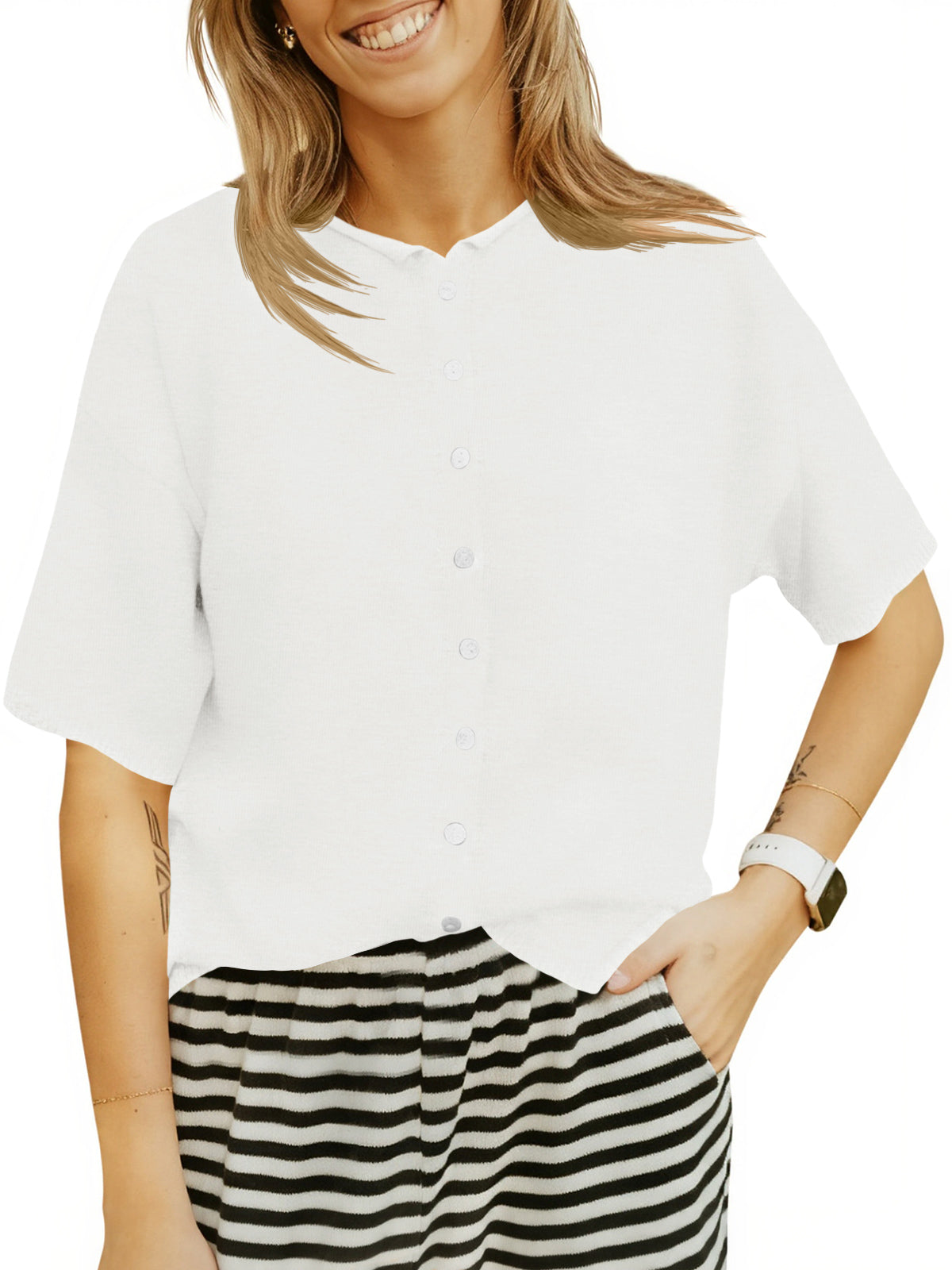 Saodimallsu Womens Crew Neck Button Cardigan