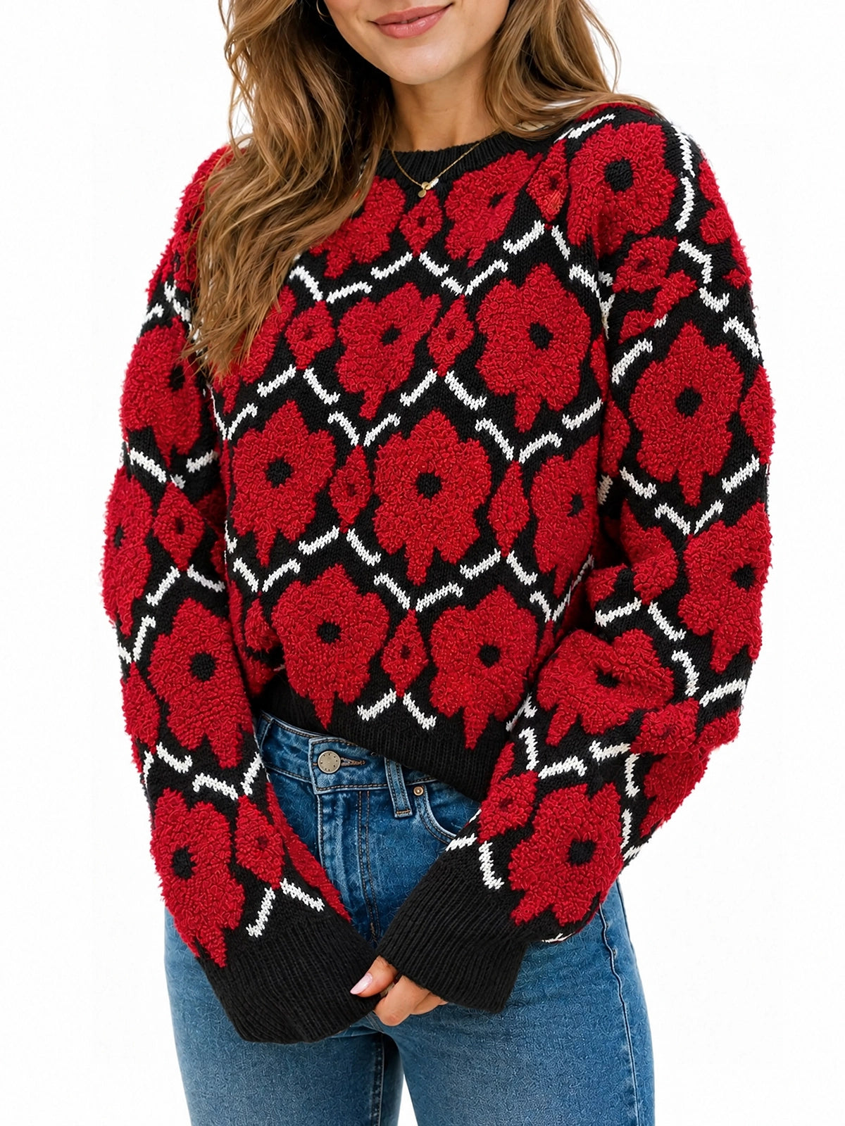 Saodimallsu Womens Oversized 3D Floral Crewneck Pullover Sweater