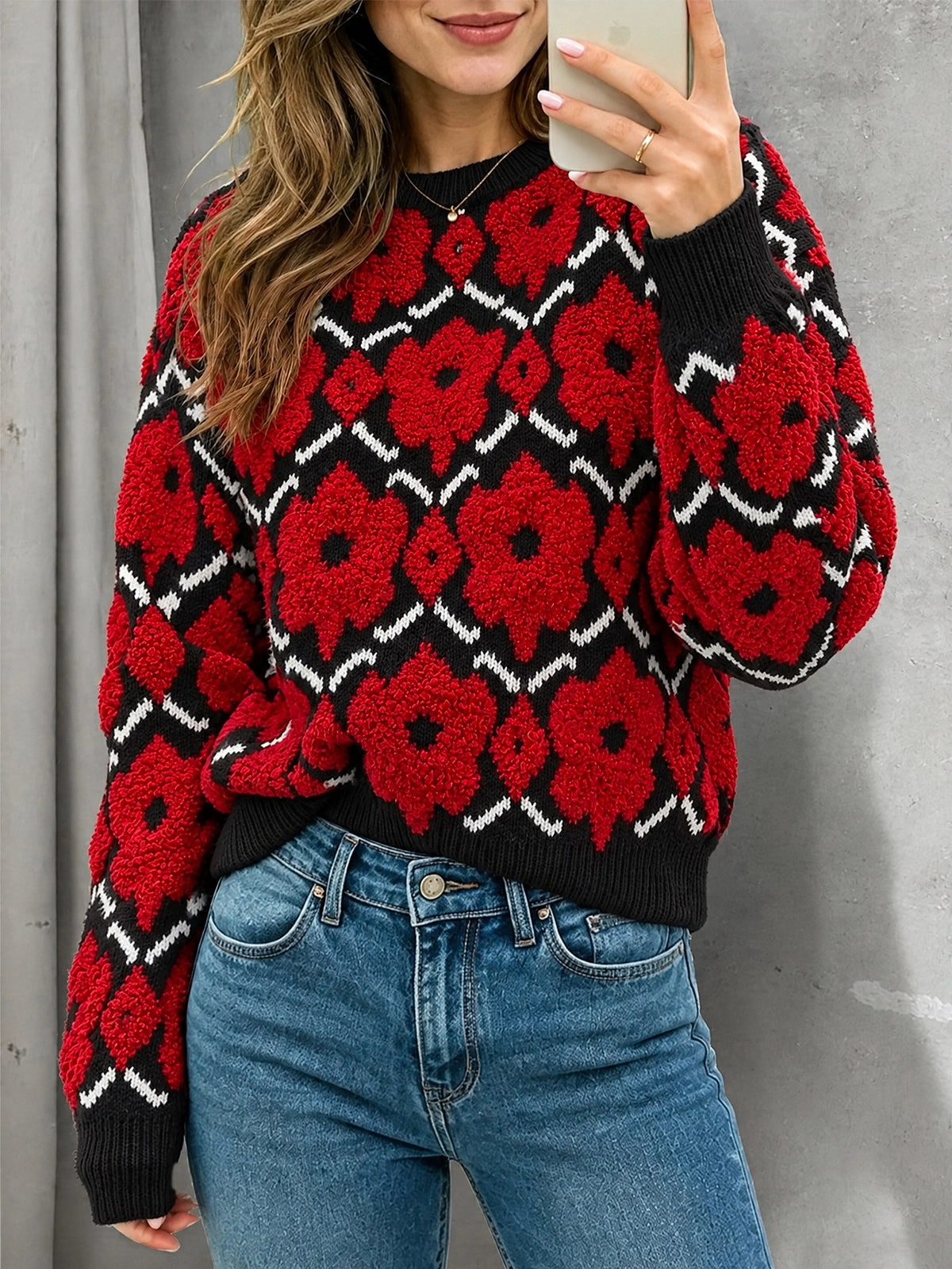 Saodimallsu Womens Oversized 3D Floral Crewneck Pullover Sweater