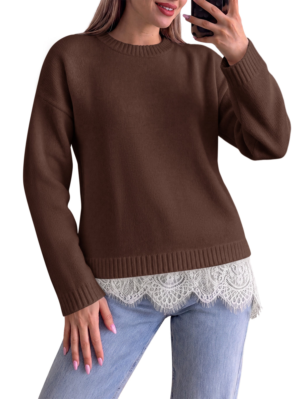 Saodimallsu Womens Lace Patchwork Knit Sweater