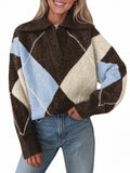 Saodimallsu Womens Collared V Neck Argyle Sweater