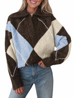 Saodimallsu Womens Collared V Neck Argyle Sweater