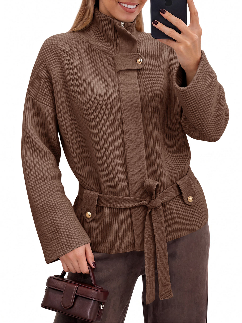 Saodimallsu Womens Zip Up Stand Collar Sweater