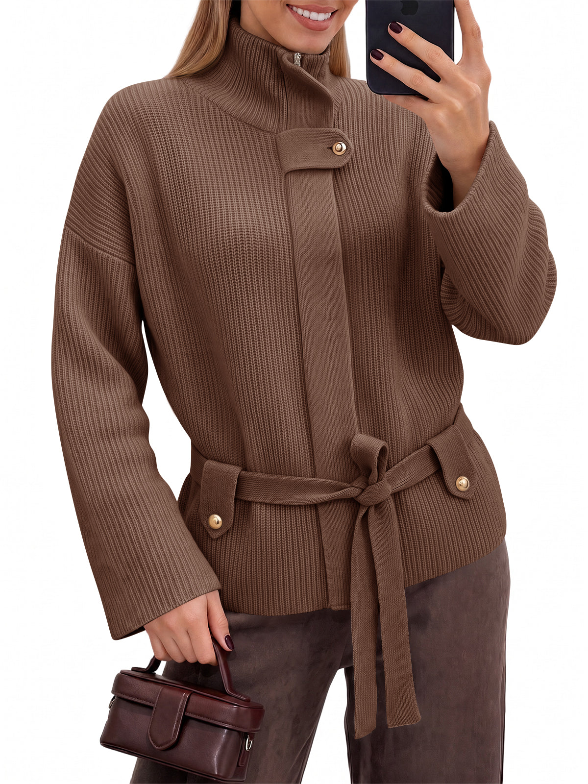 Saodimallsu Womens Zip Up Stand Collar Sweater