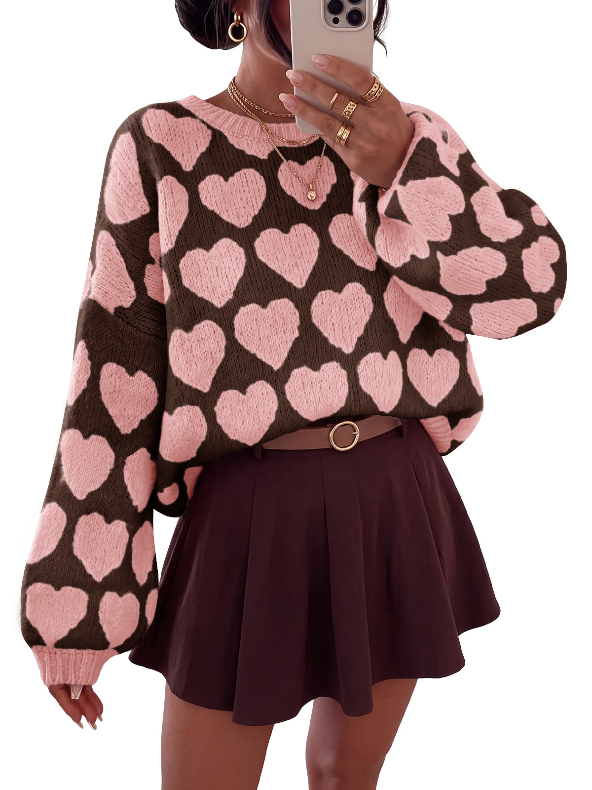 Saodimallsu Womens Heart Jacquard Drop Shoulder Long Sleeve Crewneck Pullover Sweater
