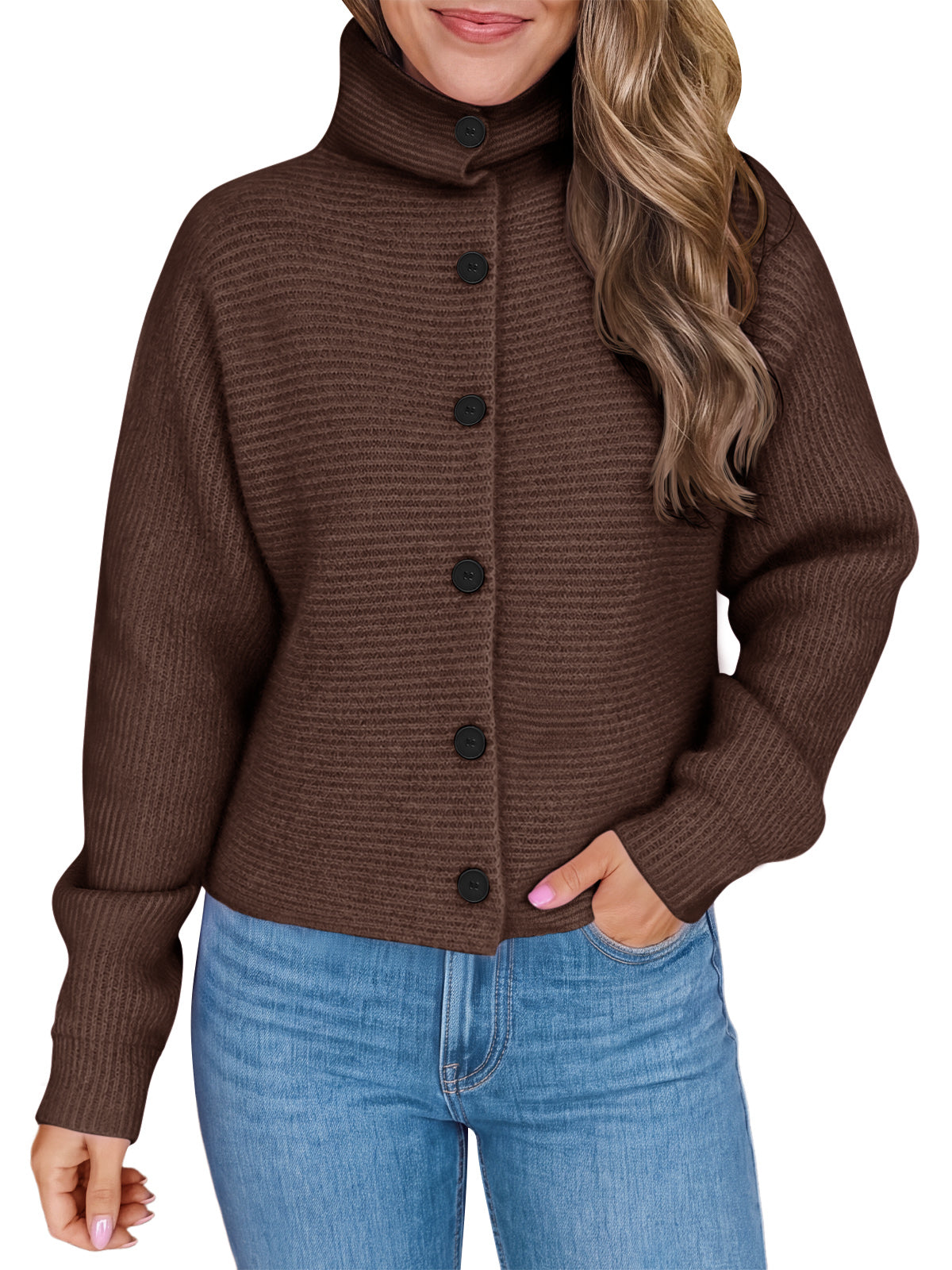 Saodimallsu Womens Mock Neck Button Cardigan
