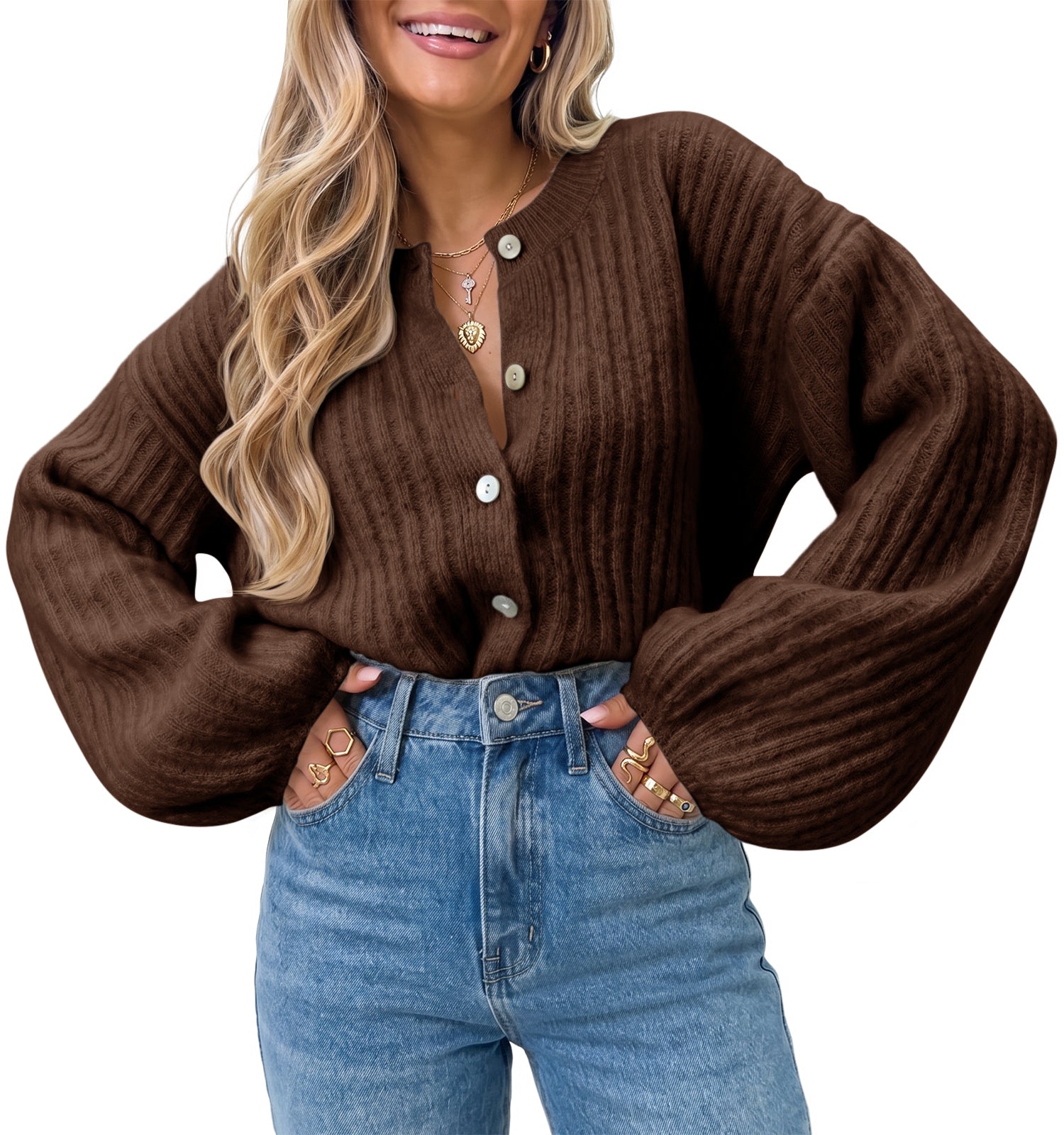 Saodimallsu Womens Lantern Sleeve Button Down Cardigan
