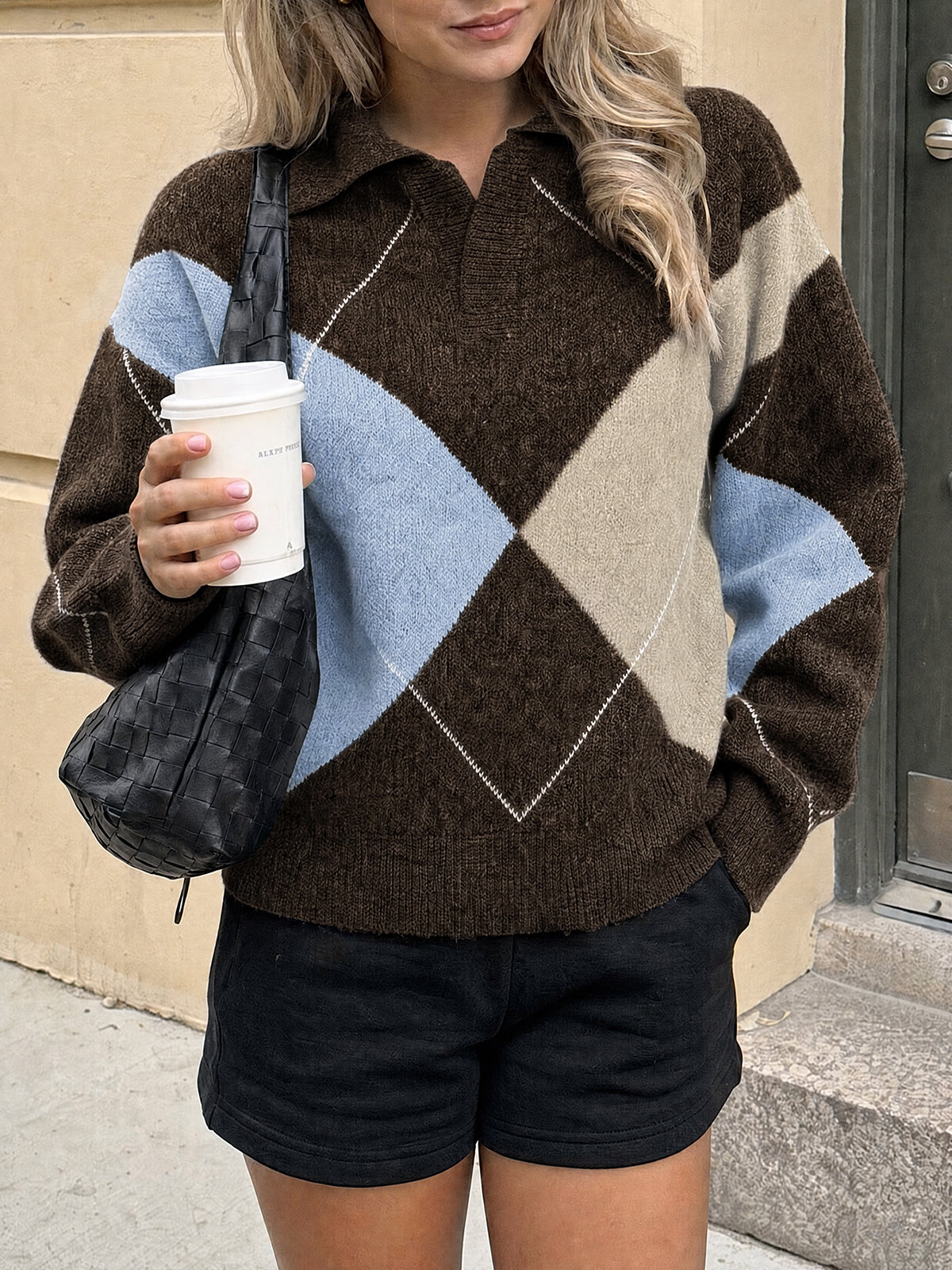 Saodimallsu Womens Collared V Neck Argyle Sweater