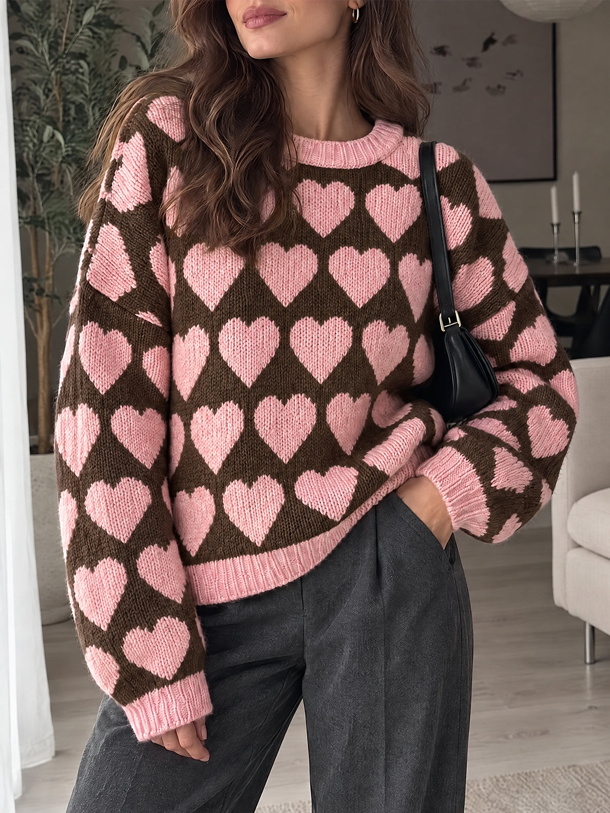 Saodimallsu Womens Heart Jacquard Drop Shoulder Long Sleeve Crewneck Pullover Sweater