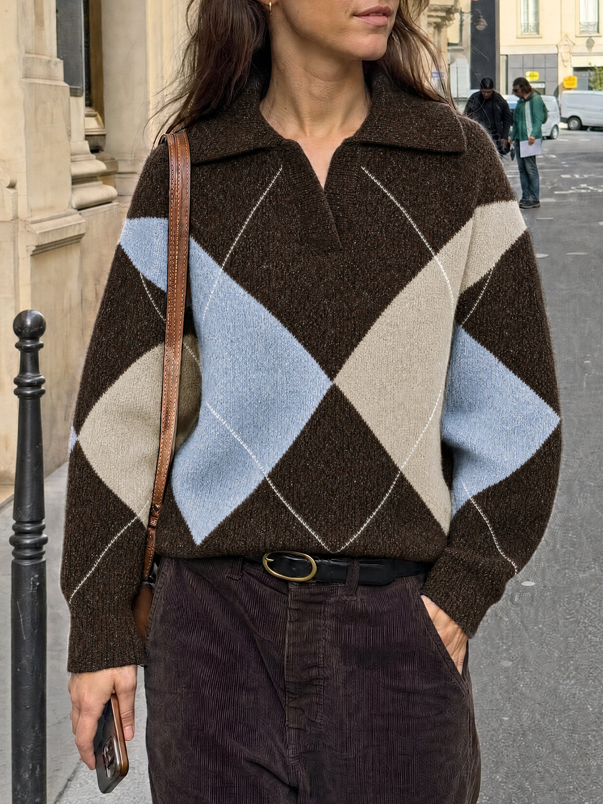 Saodimallsu Womens Collared V Neck Argyle Sweater