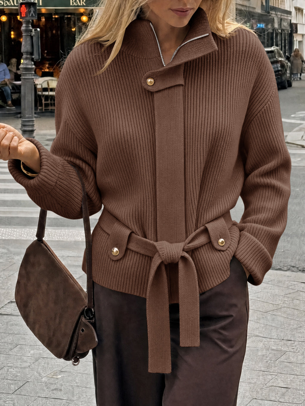 Saodimallsu Womens Zip Up Stand Collar Sweater