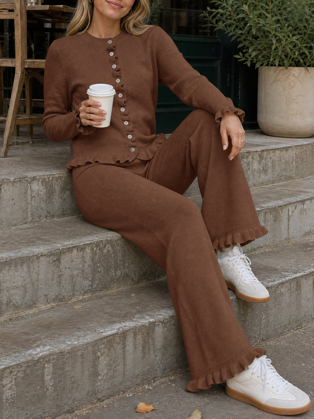 Saodimallsu Women Ruffle Knit Lounge Set
