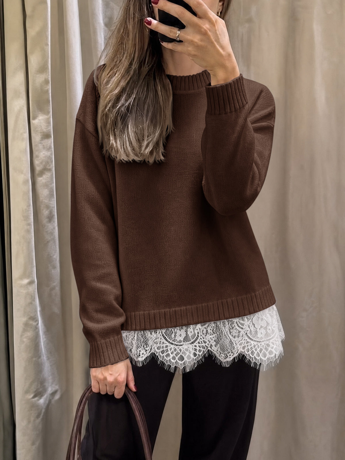 Saodimallsu Womens Lace Patchwork Knit Sweater