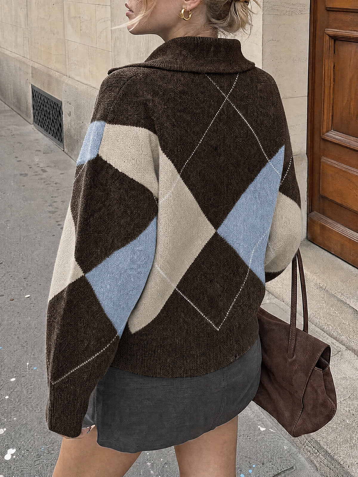 Saodimallsu Womens Collared V Neck Argyle Sweater