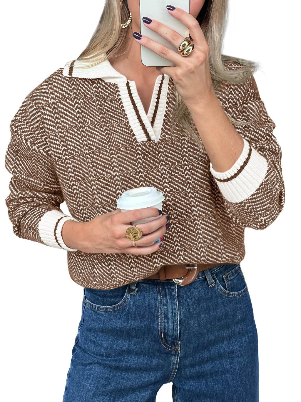 Saodimallsu Womens Fall Lapel V Neck Knit Sweaters