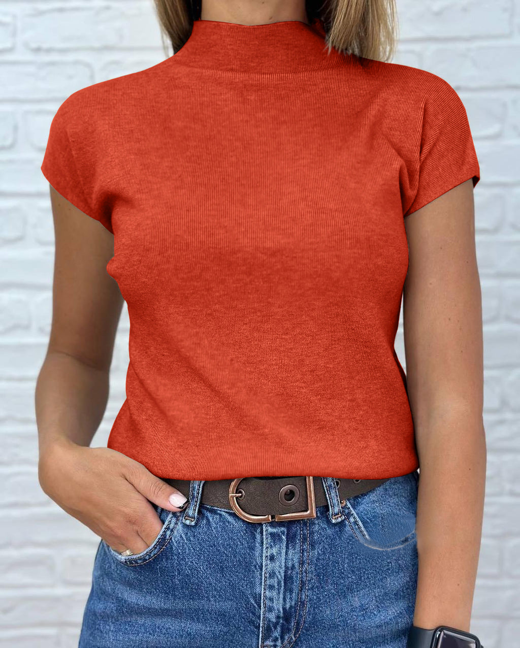 Saodimallsu Womens Mock Neck Short Sleeve Sweater