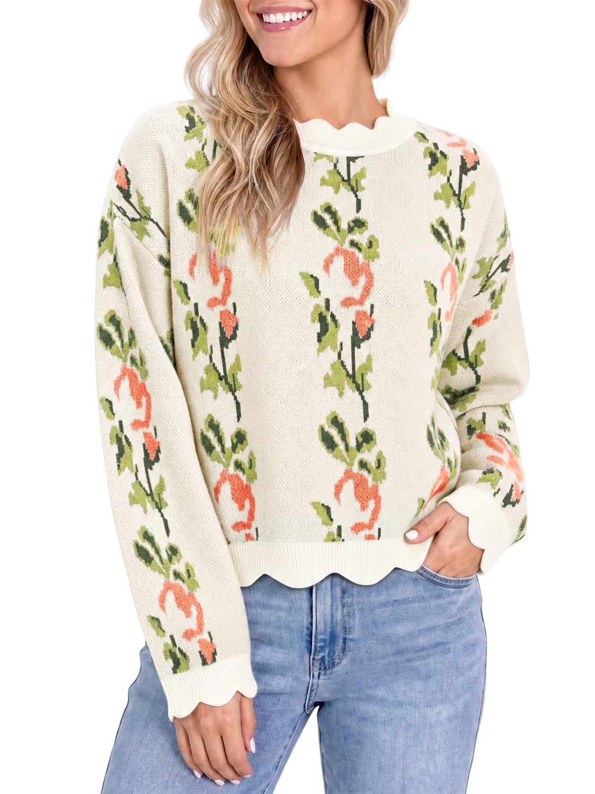 Saodimallsu Women Floral Long Sleeve Sweater