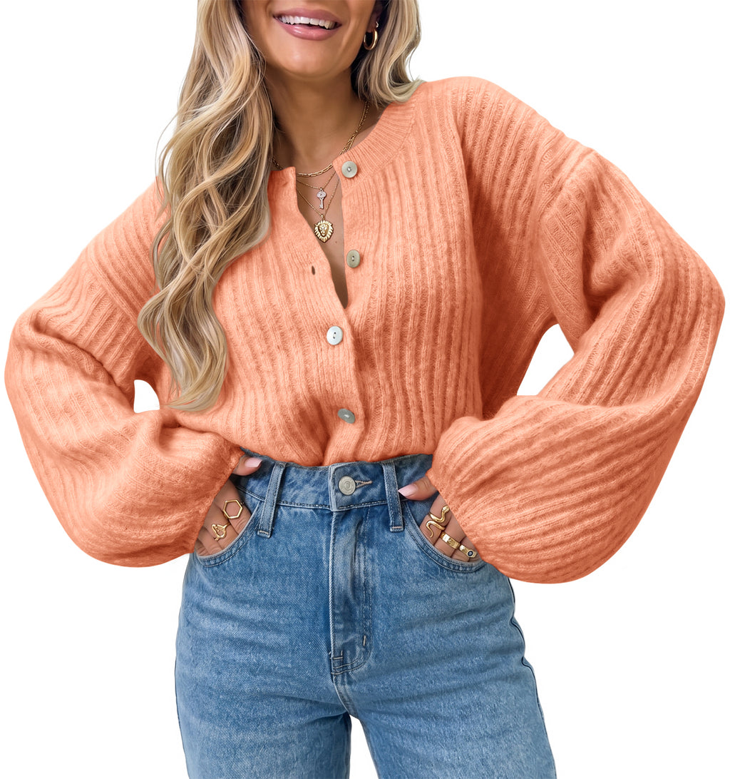 Saodimallsu Womens Lantern Sleeve Button Down Cardigan
