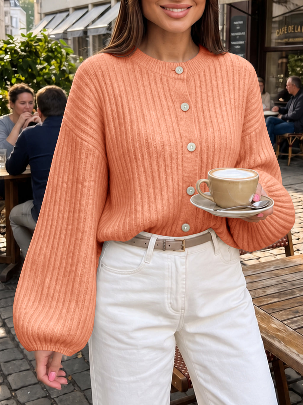 Saodimallsu Womens Lantern Sleeve Button Down Cardigan