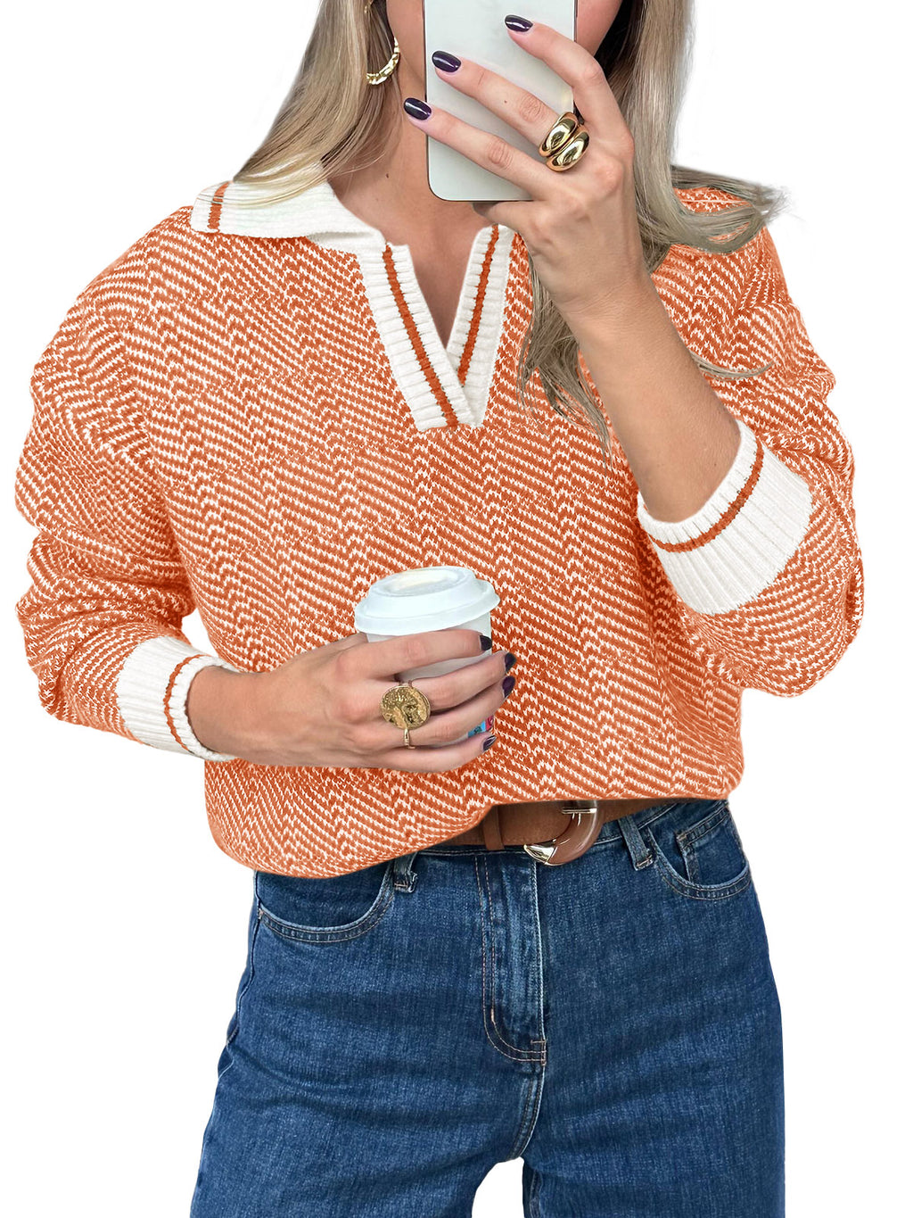 Saodimallsu Womens Fall Lapel V Neck Knit Sweaters