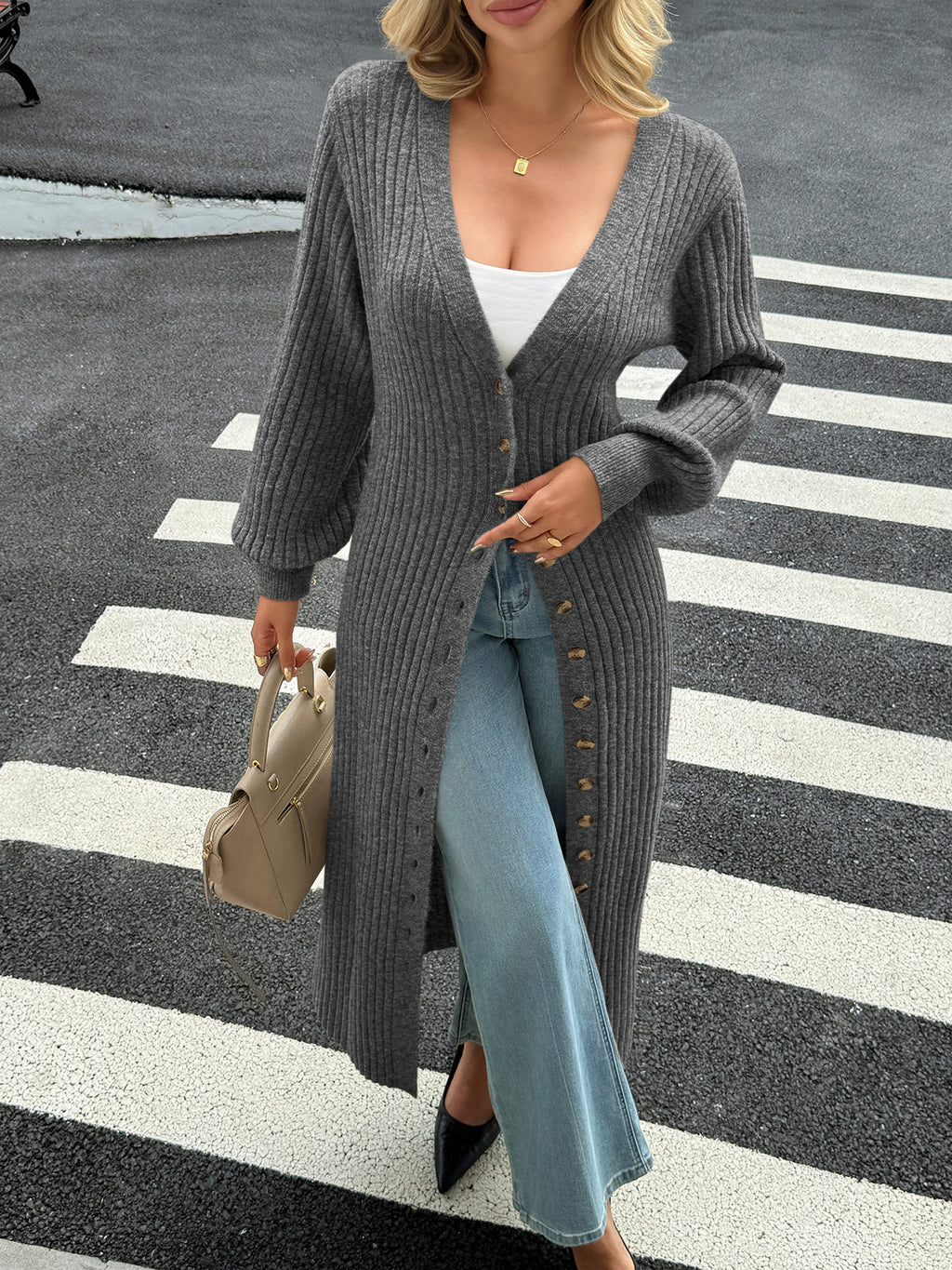 Saodimallsu Dark gray Womens V Neck Cardigan