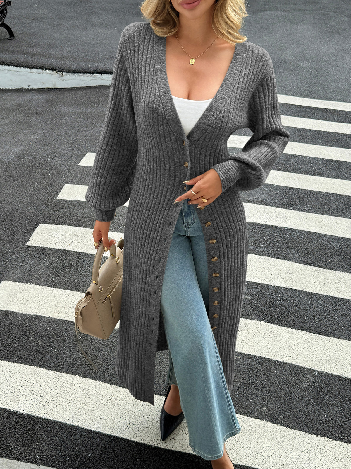 Saodimallsu Dark gray Womens V Neck Cardigan