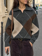 Saodimallsu Womens Collared V Neck Argyle Sweater